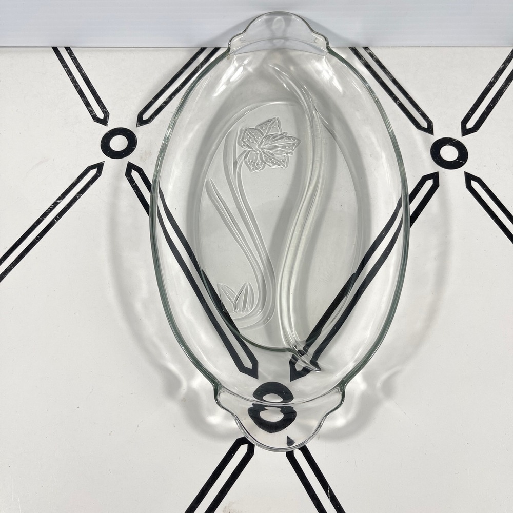 VTG Anchor Hocking Clear Pressed Glass Oval Divided Relish Dish Floral Lily